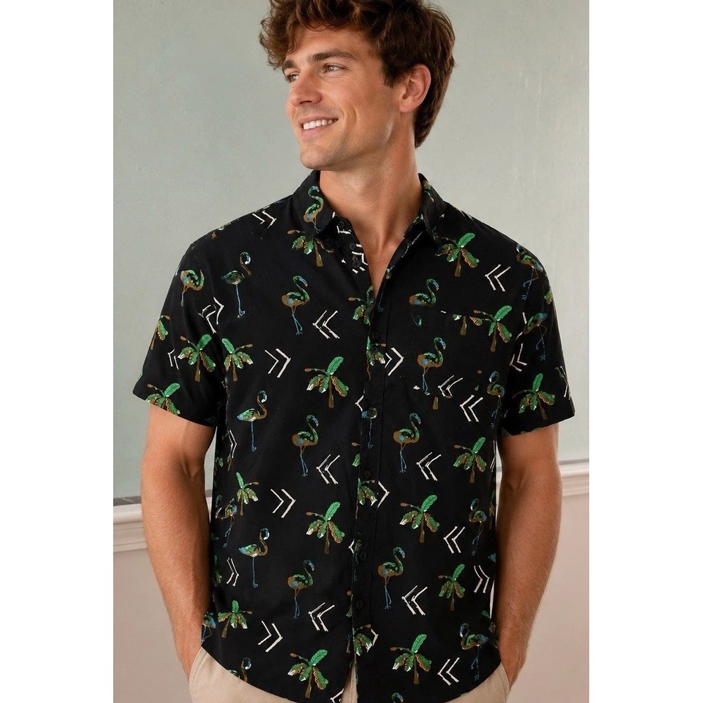 Novelty Statement Mens Medium Slim Fit Flamingo Palm Tree Button Up Shirt Fun
